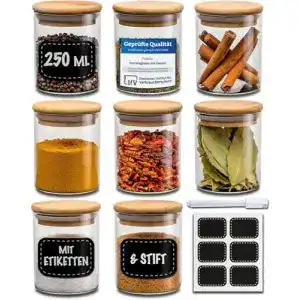 Gewürzgläser Praknu Set, 8 Glas Dosen mit 8 Etiketten, 250ml
