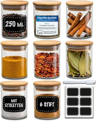 Gewürzgläser Praknu Set, 8 Glas Dosen mit 8 Etiketten, 250ml