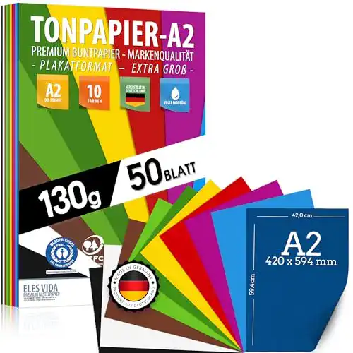 A2-Papier ELES VIDA 50 Blatt BUNTES PAPIER DIN A2-130g/m² Tonpapier