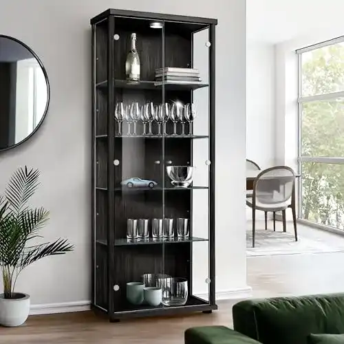 Vitrine K-Möbel Glas in Schwarz, 176x67x33 cm, beleuchtet