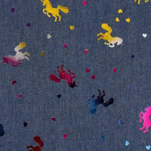 Jeansstoff SCHÖNER LEBEN. Foliendruck Regenbogenfarben Einhorn