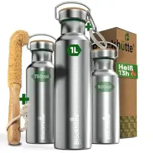 Edelstahl-Trinkflasche 1 Liter Blockhütte Premium isoliert