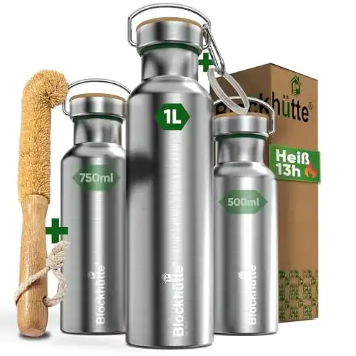 Edelstahl-Trinkflasche 1 Liter Blockhütte Premium isoliert