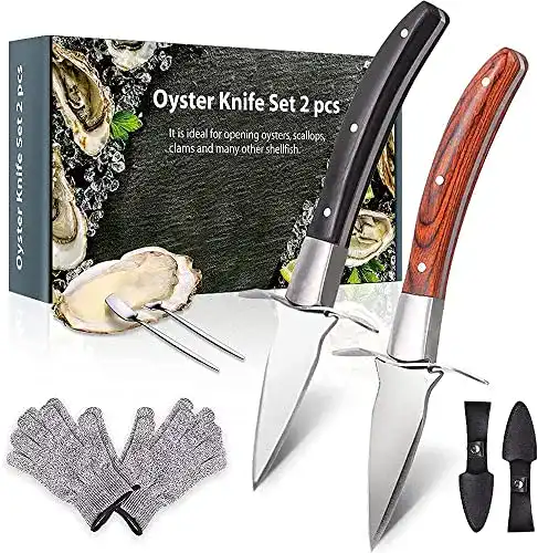 Austernmesser PowCube Set,2 Stücke Austernöffner und 2 Paar Niveau 5 Schnittfeste Handschuhe