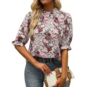 Bluse ZILIN Damen Casual Floral Print Mock Neck Cute Half Puff