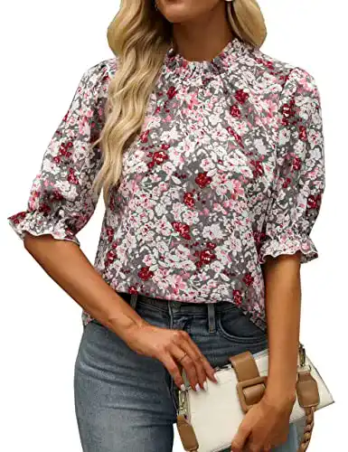 Bluse ZILIN Damen Casual Floral Print Mock Neck Cute Half Puff
