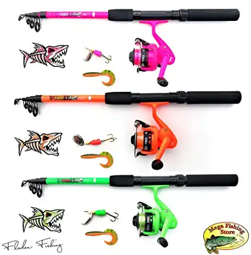 Kinderangel Fladen Set Tele Combo Grün/Orange/Pink Teleskop Rute Rolle Schnur Spinner & Twister