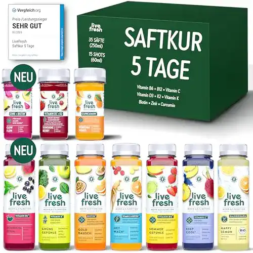 Saftkur 5 Tage LiveFresh – 7 Säfte & 3 Shots Pro Tag – Mit Kurkuma