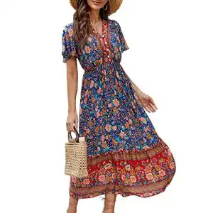 Boho-Kleid Clearlove Damen Sommerkleid Boho Kurzarm Midi