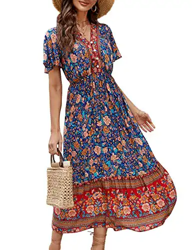 Boho-Kleid Clearlove Damen Sommerkleid Boho Kurzarm Midi
