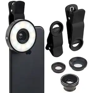 Makro-Objektiv Handy Somikon Ringleuchte: 4in1-Vorsatz-Linsen