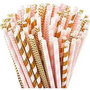 Strohhalme ALINK Biologisch abbaubare Papier, 100 rosa/Gold