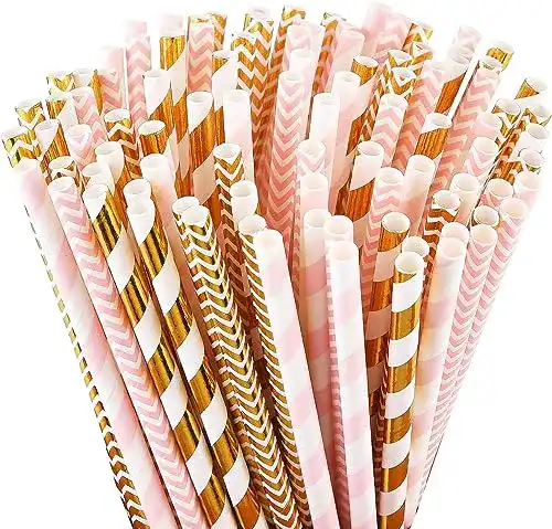 Strohhalme ALINK Biologisch abbaubare Papier, 100 rosa/Gold