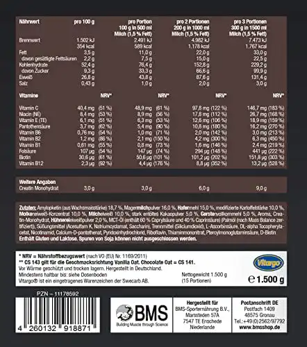 Die beste Vitargo BMS Pro Muscle Gainer Choco Oat 1500g 2026 Test Bestseller Vitargo BMS Pro Muscle Gainer Choco Oat 1500g