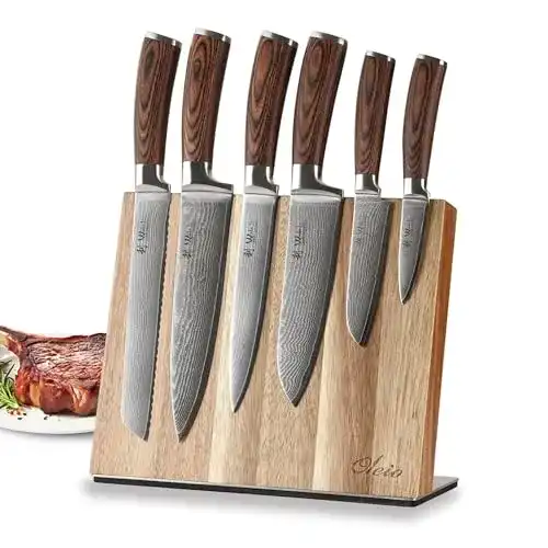 Damastmesser-Set Wakoli Edib 6er, Pakkaholzgriffen, Messerbrett
