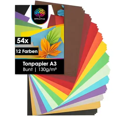Tonpapier OfficeTree 54 Blatt A3 Bunt, 12 Farben