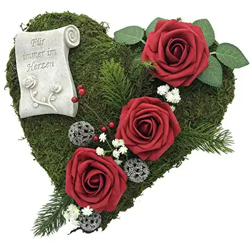 Grabschmuck Radami Grabgesteck Moosherz 30cm 3 Rosen rot