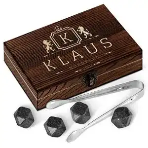 Granit-Eiswürfel Maverton, Holzbox mit Gravur, 6 Eiswürfel, Zange