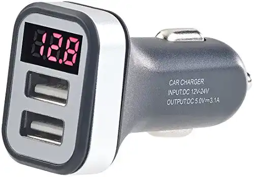 Autobatterietester revolt Autobatterietester: Kfz-USB-Ladegerät mit Spannungswarner, LED-Display, 2X USB, 3,1 A (Kfz Voltmeter)