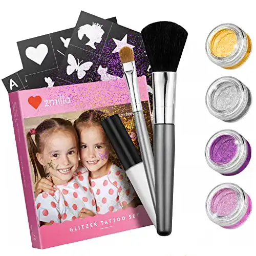 Glitzertattoos ZMILLA ® Glitzer Tattoo Set 4 Farben 52 Schablonen