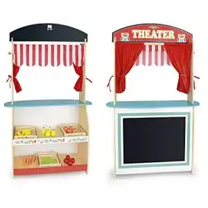 Puppentheater Leomark und Supermarkt aus Holz – 2 in 1