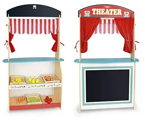 Puppentheater Leomark und Supermarkt aus Holz – 2 in 1