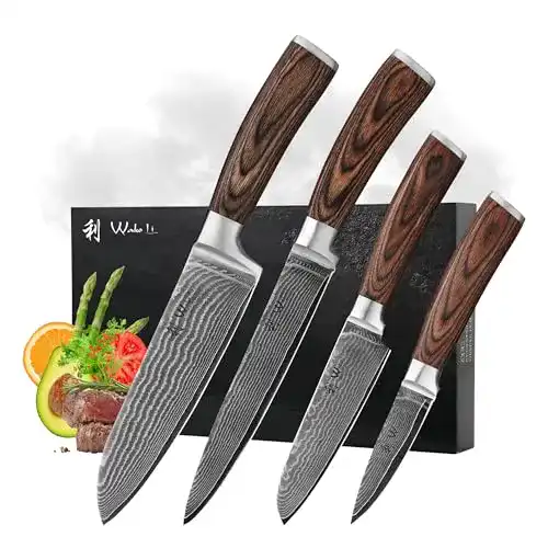 Damastmesser-Set Wakoli 4er mit Pakkaholz Griffen