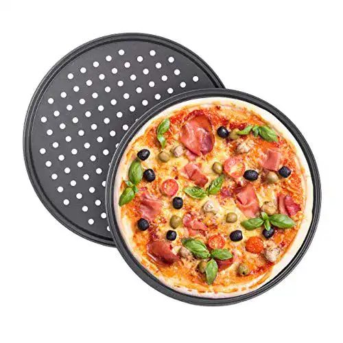 Pizzablech Relaxdays, 2er Set, rund, gelocht, antihaft, Carbonstahl