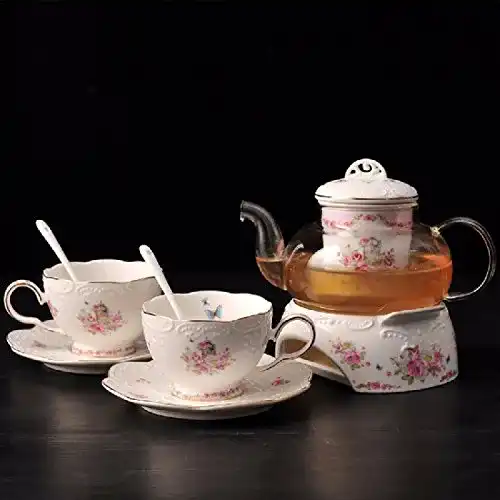 Teeservice KayraHome Porzellan mit Stövchen im Landhausstil