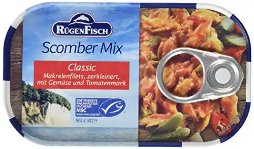 Die beste Dosenfisch Rügen Fisch Scomber-Mix Makrelenfilet, 15 x 120 g 2026 Test Bestseller Dosenfisch Rügen Fisch Scomber-Mix Makrelenfilet, 15 x 120 g