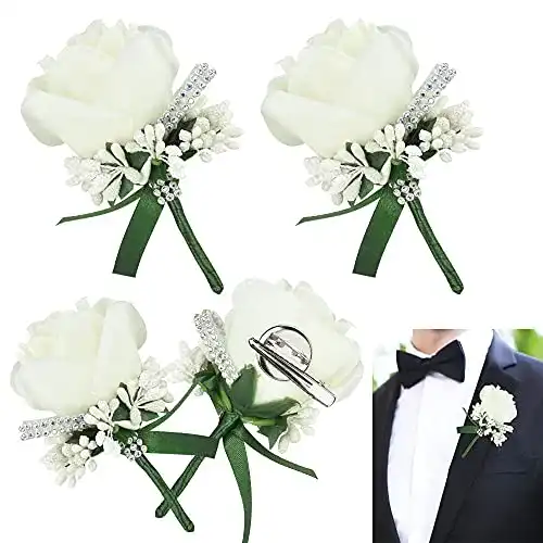 Boutonniere JUNMEIDO 4 Stück Rose Weiß Hochzeit Handarbeit Corsage