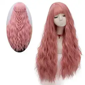 Perücke Mildiso Damen Lang Pinke Locken mit Pony Natürlich