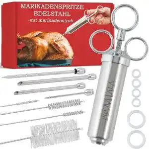 Bratenspritze Premiala, Edelstahl 304, 3 Nadeln, 5 Ersatz-O-Ringe
