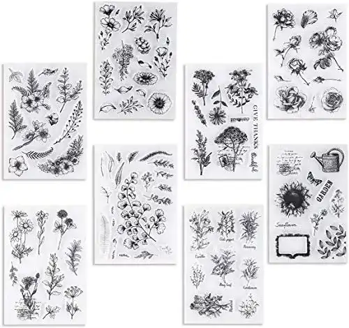 Silikonstempel UCEC 8 Stück, Stempel-Set Vintage Pflanzen Blumen