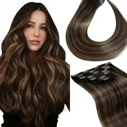Haartressen LaaVoo 45cm Balayage Extensions Clip Echthaar Braun