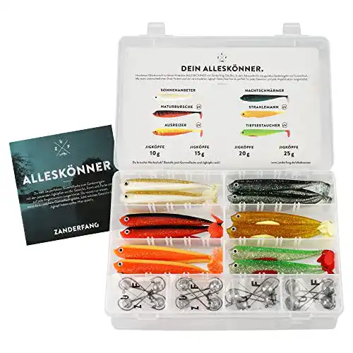 Gummifisch Zanderfang 40 Teile Box e mit Jigköpfen zum Zanderangeln mit | 24 e: 6 Farben; 12,5 cm