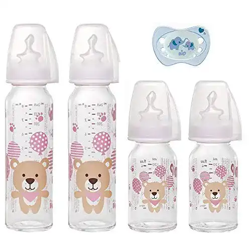 Babyflasche (Glas) NIP Glas Flasche Uni, 4er Set + Schnuller 0-6