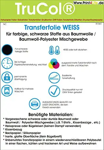 Transferfolie Laserdrucker trucol FÜR DUNKLE Stoffe DIN A4