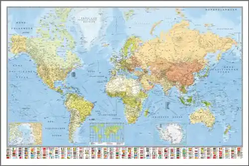 Weltkarte Close Up Die Welt Poster, deutsch, mit Flaggen