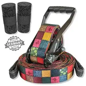 Slackline BUZZARD Patchwork 15m – -Set mit Baumschutz 120 cm