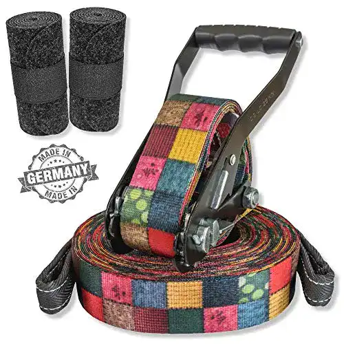 Slackline BUZZARD Patchwork 15m – -Set mit Baumschutz 120 cm