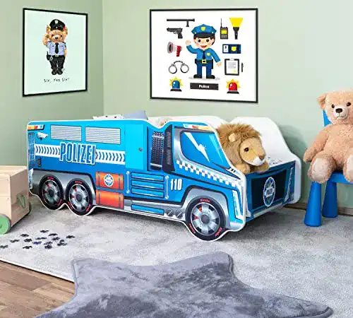 Autobett Alcube Polizei LKW 140×70 cm mit Kantenschutz Blau