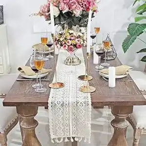 Tischläufer DÉCOCO 9,5″x 71″ Beige Makramee rechteckig