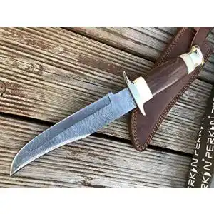 Bowiemesser Perkin Damast Jagdmesser mit Lederscheide
