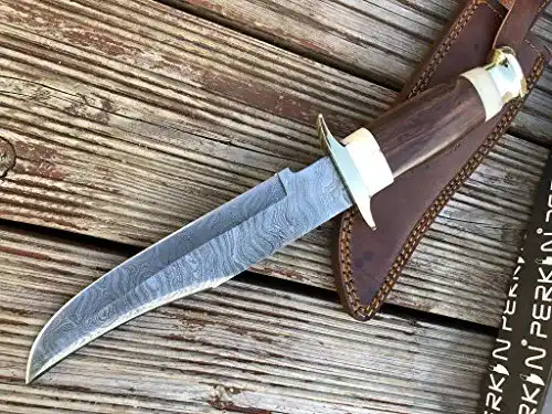 Bowiemesser Perkin Damast Jagdmesser mit Lederscheide