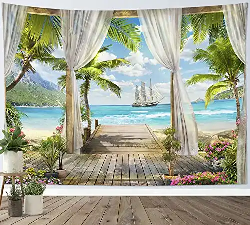 Wandteppich LB Türkises Meer Wandtuch Grüne Palme 235x180cm