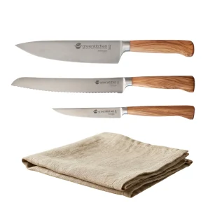 Messerset GreenKitchen Oriki 3-teilig aus Solingen mit Olivenholzgriff und Leinentuch